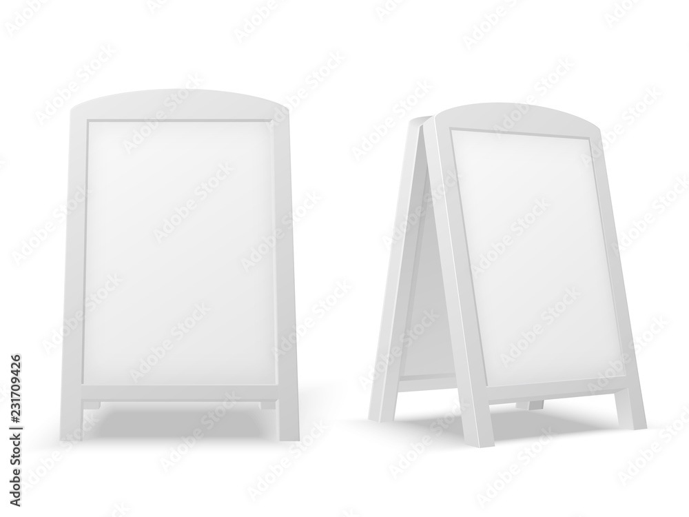 Sidewalk display board. Empty blank white advertising stand. Sale sign or street banner. 3d vector isolated mockup. Illustration of billboard display for advertising street cafe on sidewalk Sidewalk display board. Empty blank white advertising stand. Sale sign or street banner. 3d vector isolated mockup. Illustration of billboard display for advertising street cafe on sidewalk