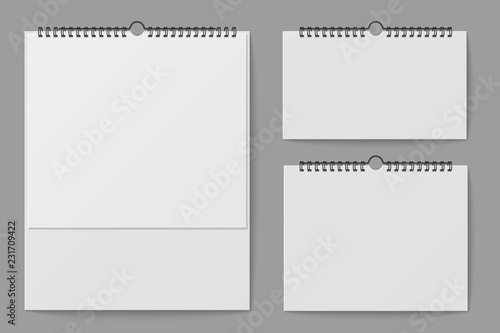 Wall calendar mockup. Blank white desktop office calendar with spiral binder. 3d vector isolated template. Illustration of empty paper reminder, wall spiral mockup, calendar realistic