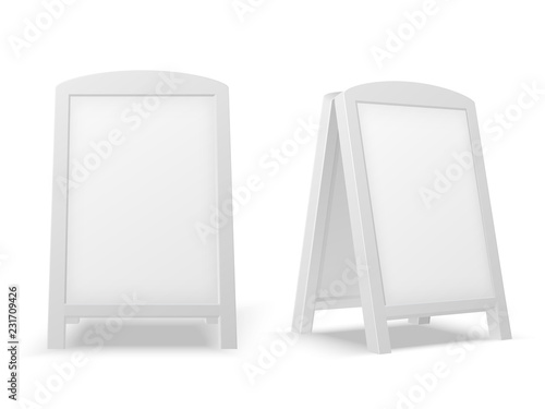 Sidewalk display board. Empty blank white advertising stand. Sale sign or street banner. 3d vector isolated mockup. Illustration of billboard display for advertising street cafe on sidewalk