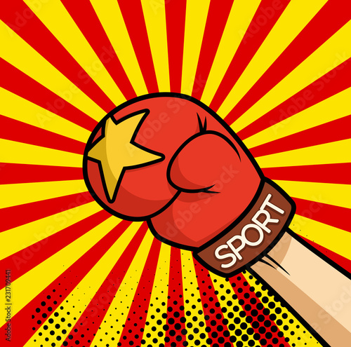 Comic book fist illustration of punching glove. Vector sport illustration.