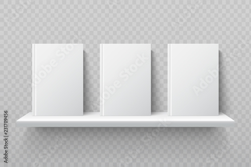 White books on bookshelf. Empty school textbooks in modern office interior vector mockup. Bookshelf for library, shelf for books education illustration