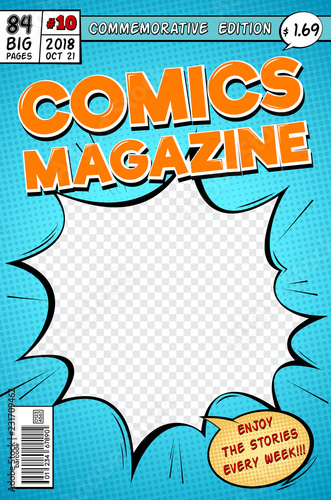 Comic book cover. Retro cartoon comics magazine. Vector template in pop art style. Magazine cartoon book, commemorative edition illustration