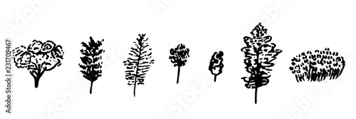 Trees icons in hand drawn scandinavian style.