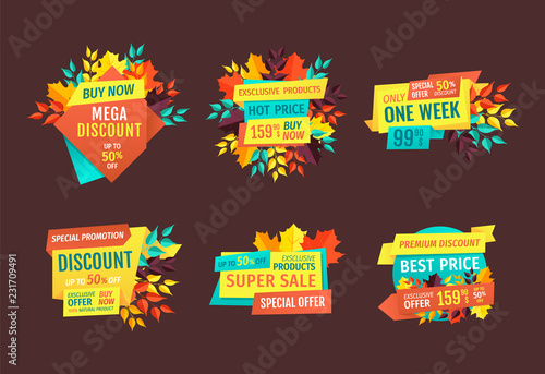 Discount and Sale Logos Set with Autumn Leaves