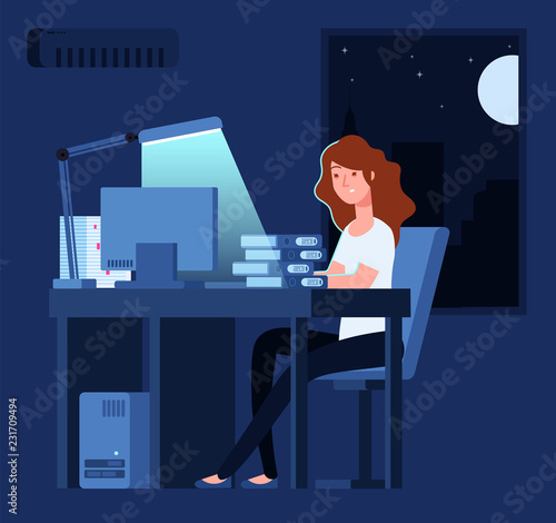 Woman working at night. Unhappy stressed female late hard works in office with documents and computer vector concept. Woman worker night, overworked and unhappy illustration