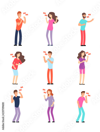 Laughing people. Adults and teenagers in hysterical loud laughter. Cartoon vector isolated characters. Illustration of laughing man young, character woman and guy laughter