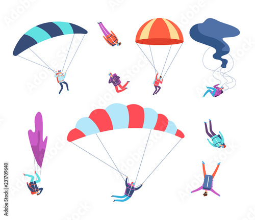 Skydivers set. People jumping with parachutes. Dangerous sports sky jumpers, parachutists cartoon vector characters. Illustration of skydiving with parachute, paratrooper and parachuting