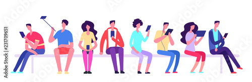 People with gadgets sitting on bench. Men and women with cell phone meeting outdoor. Cartoon student vector characters. Illustration of man and woman with gadget mobile using