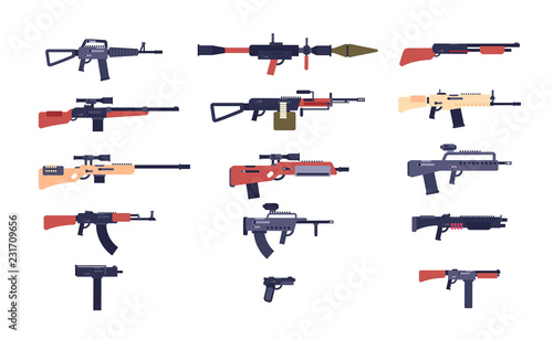 Automatic guns. Battle game weapons. Pistol, shotgun and launcher, rifles. Cartoon vector gun collection of hotgun and handgun, military pistol and weapon illustration