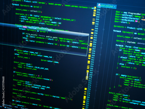 Green php code on dark blue background in code editor, macro photo