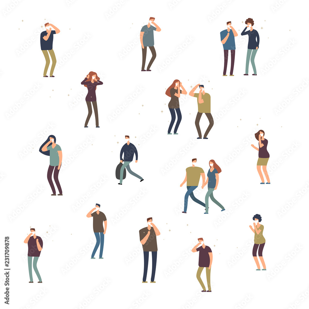 Cartoon character people, women and men in dust mask isolated on white background. People male and female in mask. Vector illustration