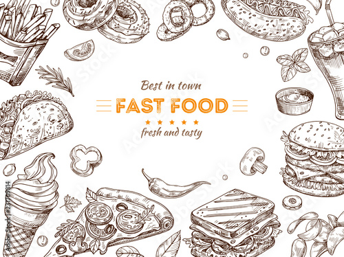 Fast food background. Sketch drawing hamburger, cola snacks. Doodle ice cream, pizza and sandwich. Fast food restaurant vector poster. Illustration of fast food doodle, dinner menu banner