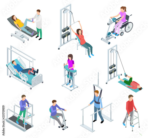 Physiotherapy rehabilitation equipment. Patients and nursing staff in rehabilitation centre clinic. Isometric vector set. Rehabilitation equipment for patient care physiotherapy illustration