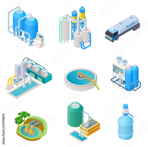 Water purification technology. Isometric treatment water industrial system, wastewater separator vector isolated set. Isometric purification and separator water, reservoir equipment illustration