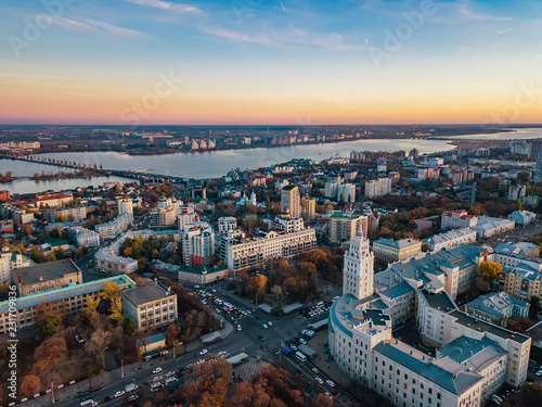 Evening autumn Voronezh, aerial view from drone to central part of Voronezh downtown
