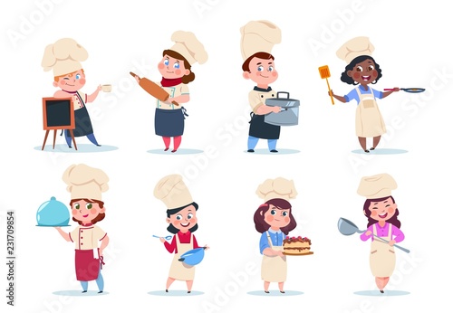 Cook kids. Cartoon chief children preparation meal. Cooking class vector set. Illustration of chief child, kids with food