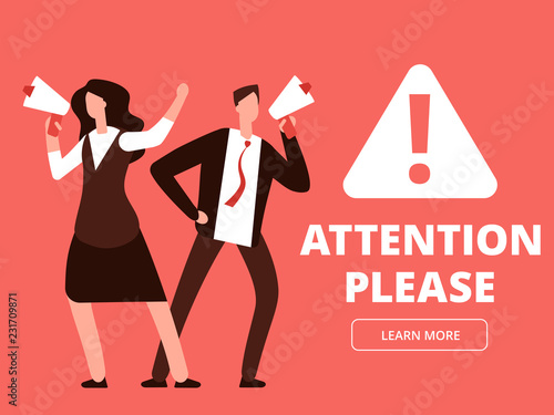 Attention vector banner or web page template with cartoon man and woman with megaphones. Illustration of attention please, man with megaphone and message