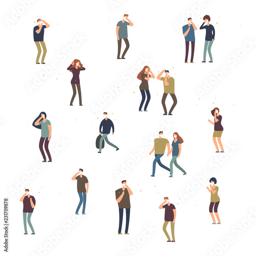 Cartoon character people  women and men in dust mask isolated on white background. People male and female in mask. Vector illustration