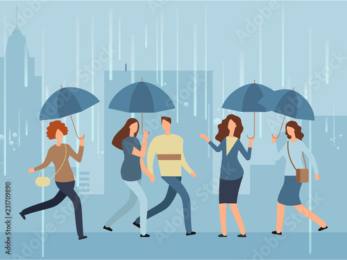 Cartoon people with umbrella walking the street in rainy day. Vector person with umbrella in rain street illustration