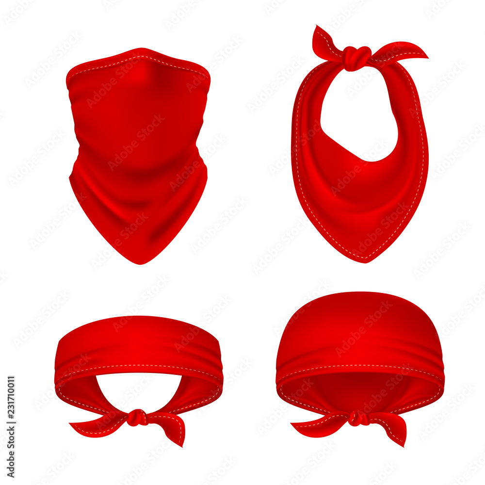 Vecteur Stock Red bandana. Cowboy or biker face scarf, bandanna neck shawl.  Blank handkerchief unisex uniform. Western clothes isolated vector set.  Illustration of bandanna scarf, bandana unisex for neck biker | Adobe