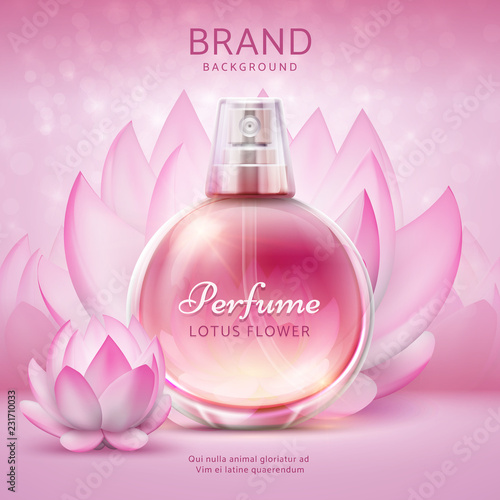 Cosmetic background with lotus. Pink lily flowers with cosmetic product skincare spray bottle. Lotus design ad vector 3d poster. Aroma bottle perfume spray realistic, perfume aromatic illustration