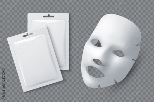 Facial cosmetic mask. Moisturising cotton sheet for woman beauty. White face cleansing mask and package realistic 3d vector mockup. Cosmetic mask for facial skin female illustration