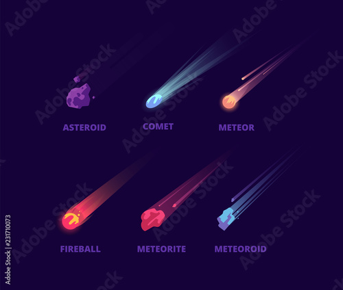 Comet asteroid and meteorite. Cartoon space objects. Atmospheric fireballs vector set. Illustration of asteroid and comet, meteor and meteorite photo