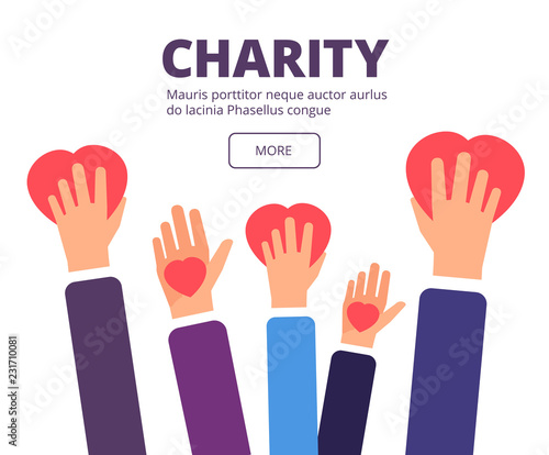 Charity and donation concept. Volunteer hands holding red hearts. Generosity, healthcare and humanitarian help vector poster. Volunteer and charity, help and giving illustration