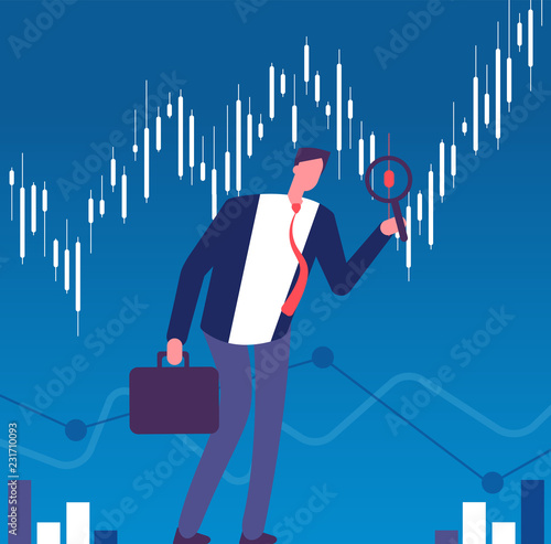 Investor concept. Businessman with magnifying glass looking for investment opportunity. Successful investor, finance vector background. Business investment analyzing, businessman looking illustration