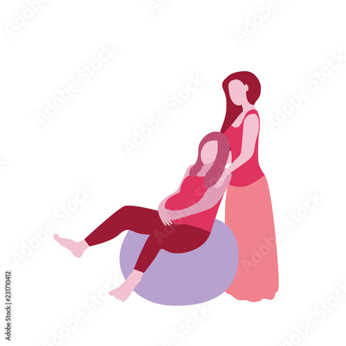 Pregnant woman with doula assistant in a modern cartoon style.