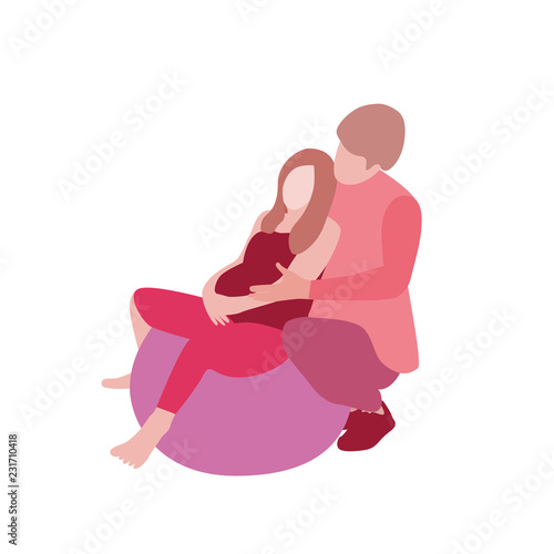 Pregnant woman with husband in a modern cartoon style.