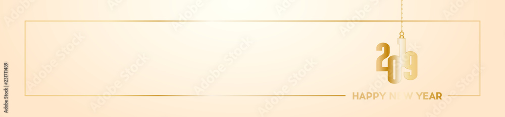 2019 Happy New Year header background. Golden text with frame, banner 2019 Happy New Year header background. Golden text with frame, banner