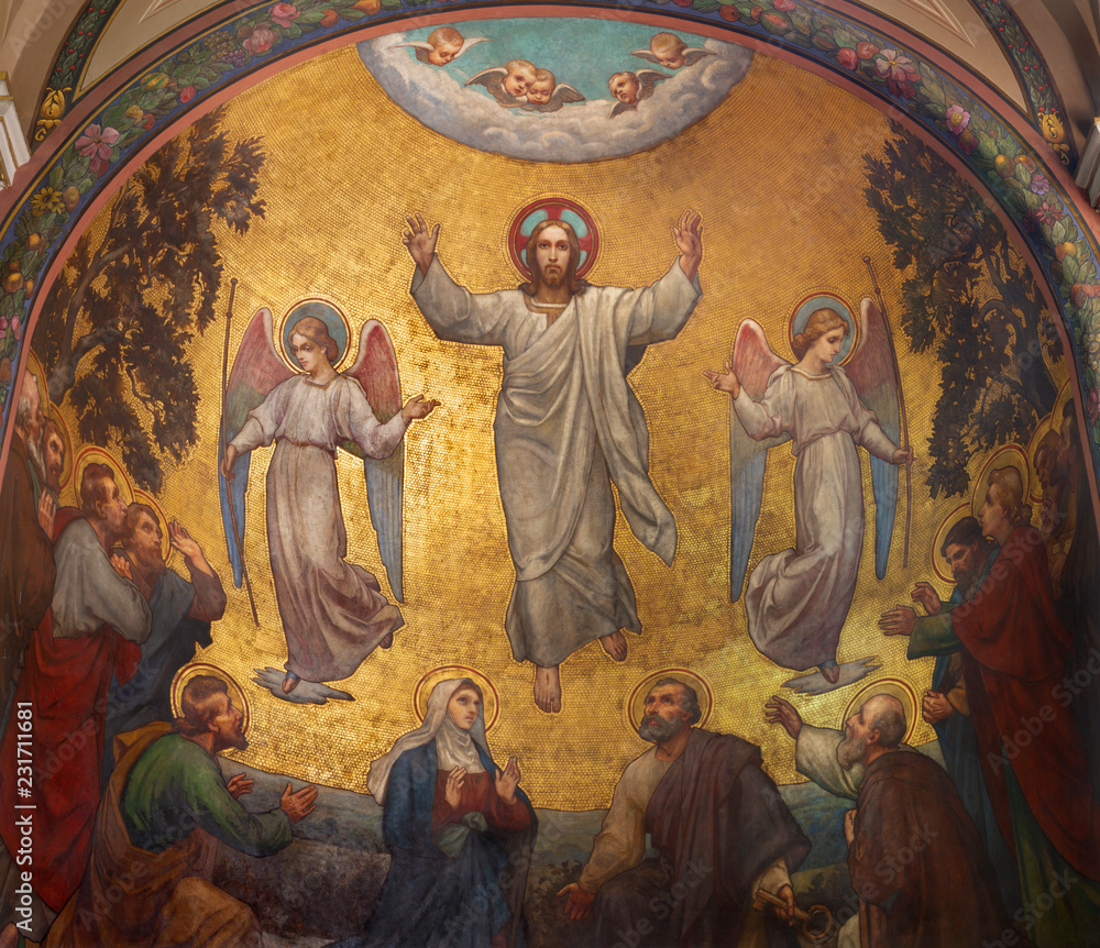 PRAGUE, CZECH REPUBLIC - OCTOBER 13, 2018: The fresco of Ascension of Jesus in side apse of church kostel Svatého Václava by S. G. Rudl (1900).