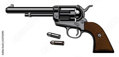 Illustration with old revolver with two bullets isolated on white background in a detailed realistic style. Vector banner on firearms and pistols theme. Design elements for logo, label, emblem, sign