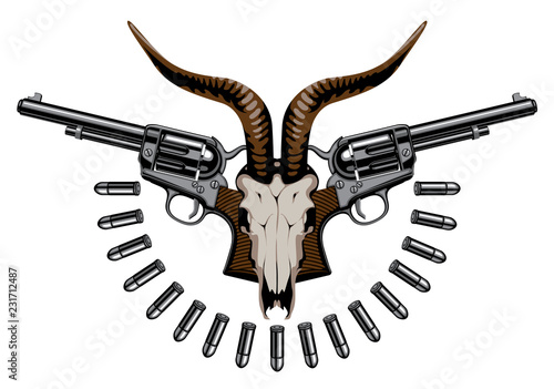 Vector emblem with skull of goat, two old revolvers and bullets. Banner on the theme of death, firearms and pistols. Template for clothing, t-shirt design, tattoo