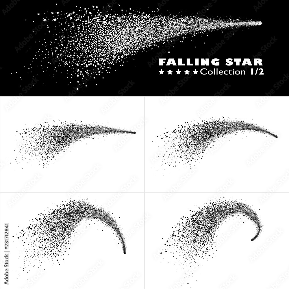 Shooting Star Trail 2D Vector Collection 1/2. Beautiful Stardust Particle Effect on Isolated Black/White Background. Elegantly Curved Falling Star with Star Tail Set - Abstract Meteor for Your Design!