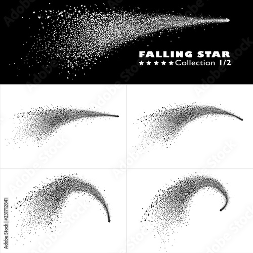 Shooting Star Trail 2D Vector Collection 1/2. Beautiful Stardust Particle Effect on Isolated Black/White Background. Elegantly Curved Falling Star with Star Tail Set - Abstract Meteor for Your Design!