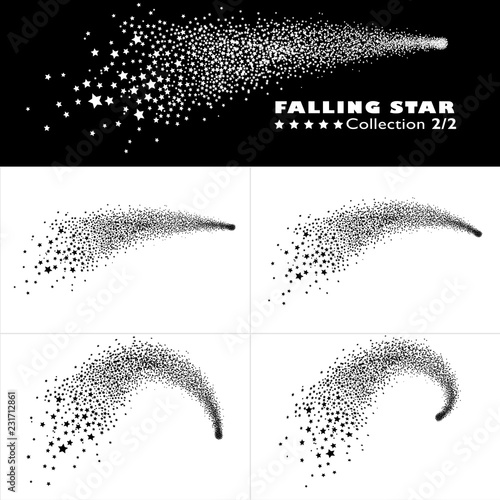 Shooting Star Trail 2D Vector Collection 2/2. Set of Abstract Meteor with Elegantly Curved Star Trail. Design Element for Your Wintry or Seasonal Illustrations - Black and White XMAS Particle Effect!