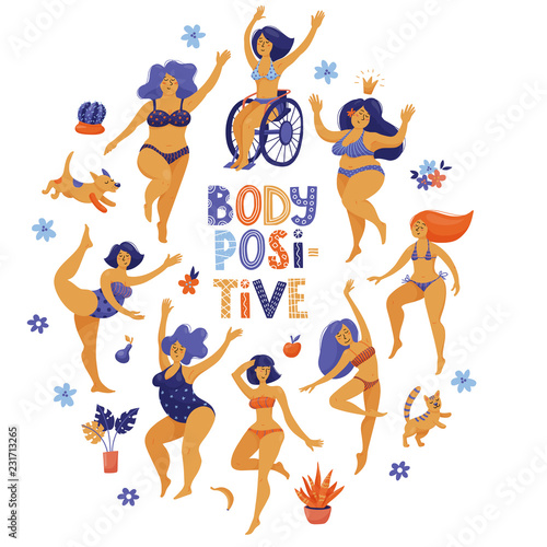 Round body positive, self acceptance banner, poster design with happy slim and plus size women in bikini dancing, flat vector illustration isolated on white background, Body positive round banner