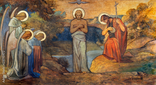 Fotografía PRAGUE, CZECH REPUBLIC - OCTOBER 13, 2018: The fresco of Baptism of Jesus in church kostel Svatého Václava by S