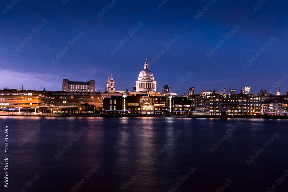St Pauls Cathedral River Thames reflections on London city skyline at night
