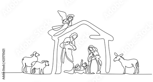 Continuous one line drawing. Bible Merry christmas scene of holy family. Vector illustration