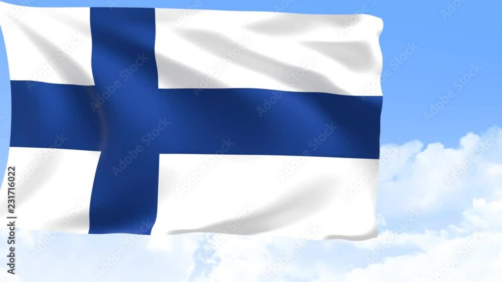 finland flag in motion with sky and moving clouds behind. 3D rendering finland flag in motion with sky and moving clouds behind. 3D rendering