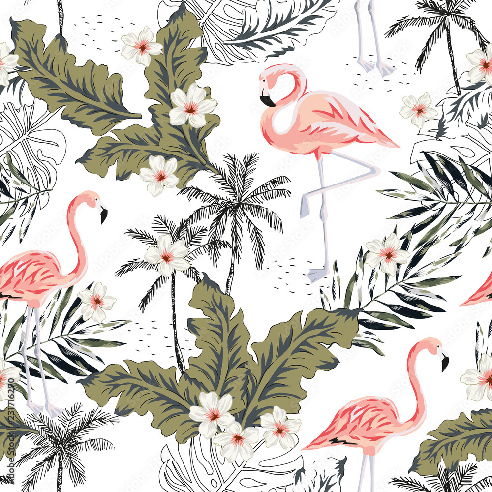 Naklejka premium Tropikalne różowe ptaki flamingo, kwiaty plumeria, liście palm, drzewa białe tło. Wektor wzór. Graficzna ilustracja. Egzotyczne rośliny z dżungli. Letnia plaża kwiatowy wzór. Rajska natura