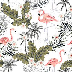 Fototapete Flamingomuster Flamingos Plumeria und Palmblätter  © ojardin