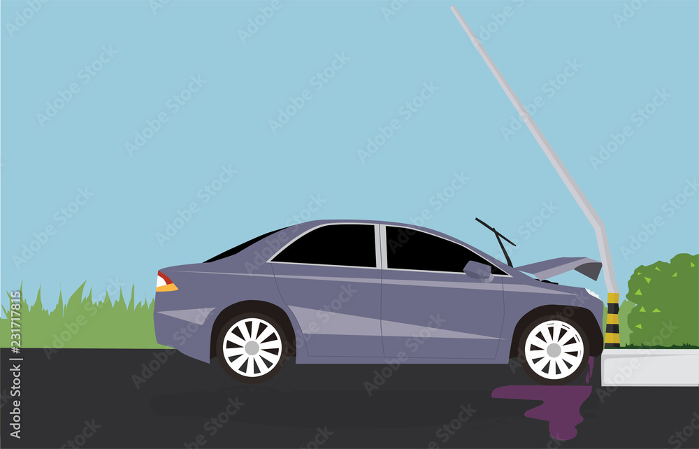 Damage Car crash pole light accident cannot drive on the street with nature grass and blue background. Damage Car crash pole light accident cannot drive on the street with nature grass and blue background.