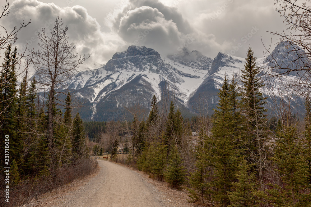 Walking path or road in the forest in Canmore in the Canadian Rockies view of a snow capped mountain range under an amazing cloudy sky Walking path or road in the forest in Canmore in the Canadian Rockies view of a snow capped mountain range under an amazing cloudy sky