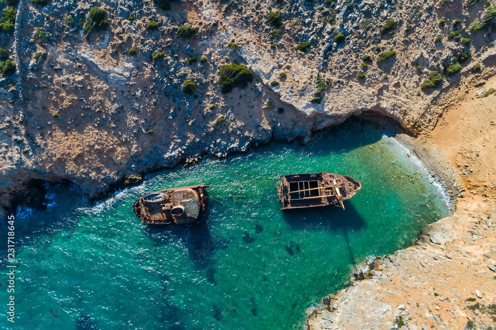 aerial view of Shipwreck Olympia in Amorgos island, Cyclades, Greece