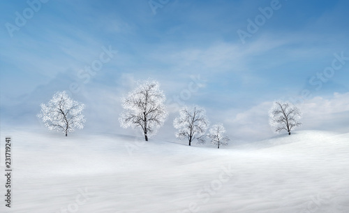 calm winter plains with bare deciduous trees at bright daylight, winter nature 3D scene copy space background illustration rendering