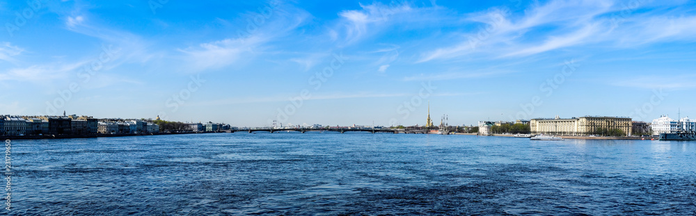 Panorama view of Neva river and embankments of Saint Petersburg. Panoramic banner format.